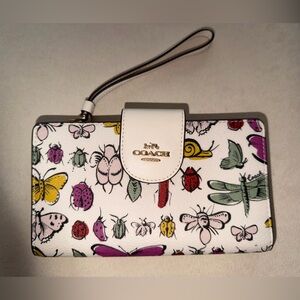 Coach White Wristlet Wallet with Multicolored Insects